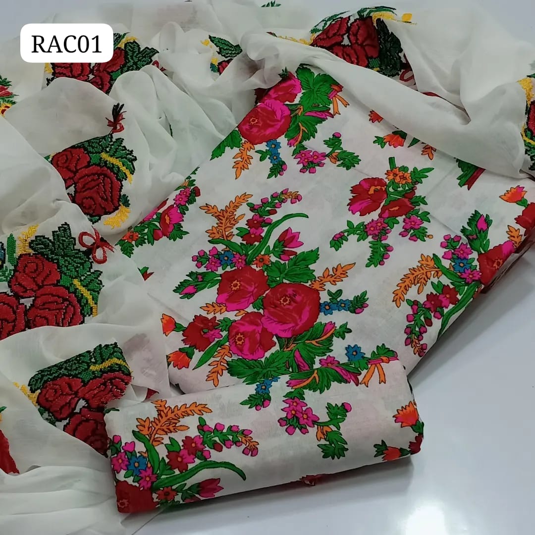 Soft Marina Fabric Multi Print Flower Shirt With Dupatta Chiffon Flower Branch And Along Multi Trouser 3pc Dress