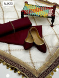 Kataan Silk Fabric Plain Shirt With Organza Heavy Lase Embroidered Dupata And Kataan Silk Plain Trouser 3Pc Dress With Khussa