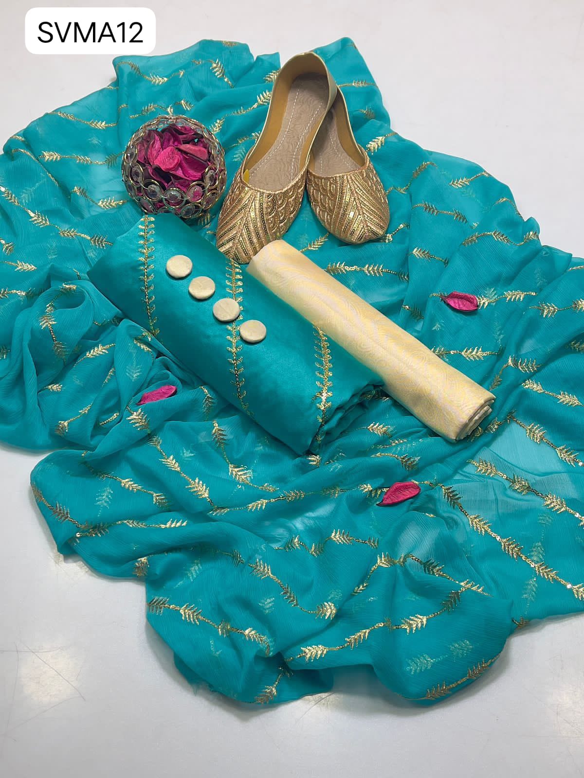 Shamoz Silk Fabric All Over Sequin Linney Shirt With Chiffon All Over Sequin Lining Dupatta And Self Masuri Trouser 3Pc Dress With Beautiful Khussa