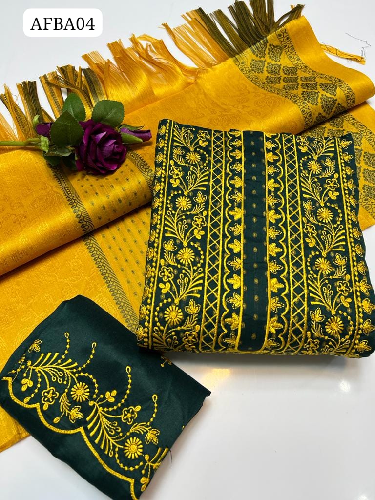 Sussi Jacquard Fabric Bindi Jaal Gala Daman Shirt And Embroided Trouser Along With Contrass Jacquard Dupatta 3pcs Dresss