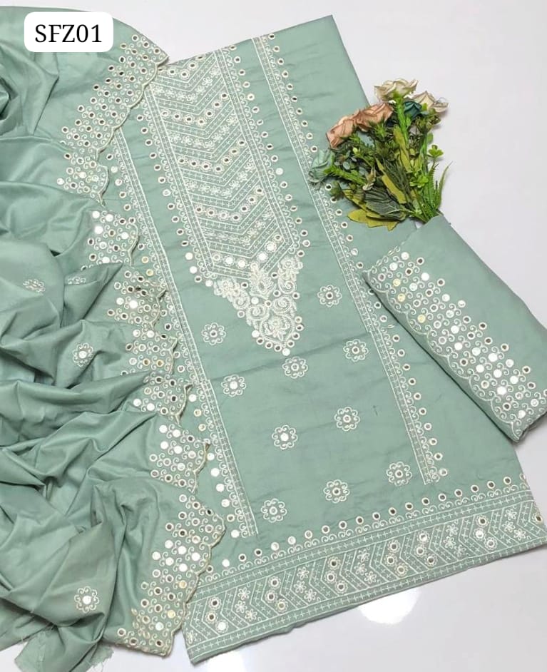 Dhanak Fabric Computer 9Mm Galla Daman Embroidery Shirt With Dhanak 9Mm Embroidery 2 Side Dupatta And Dhanak Embroidery Trouser 3Pc Dress