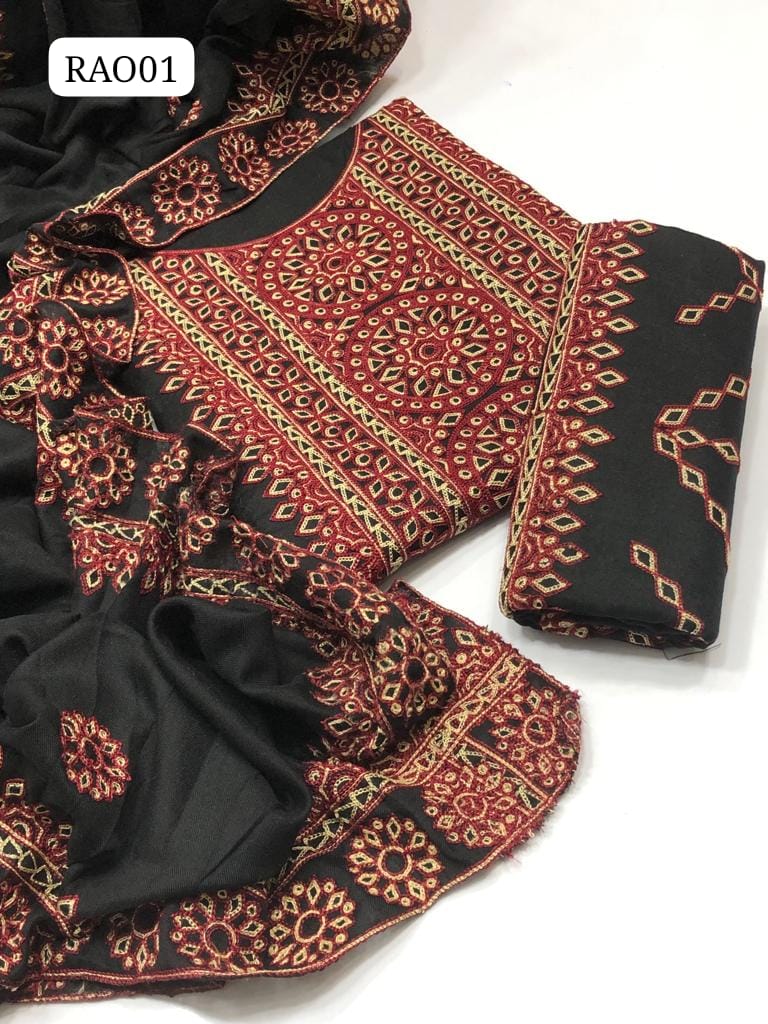 ﻿Marina Fabric Ari Balochi Work Shirt And Trouser Daman with 4 Border Embroidery Dupatta 3pc Dress