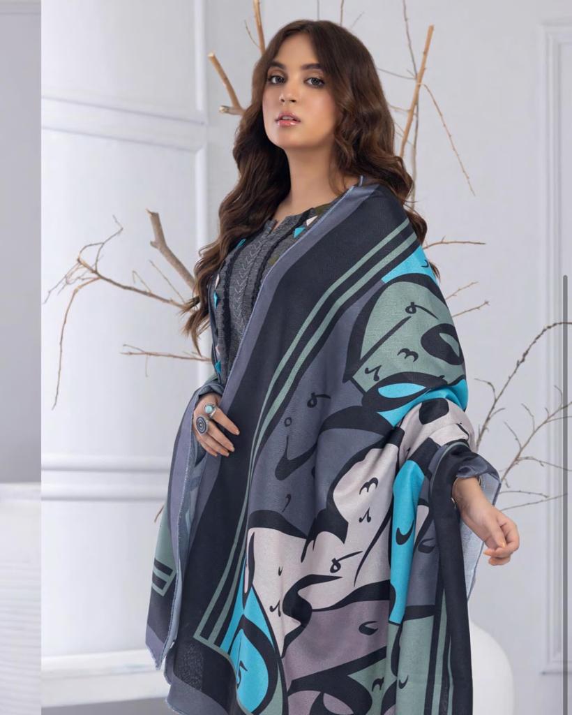 Soft Linen Fabric Plain Shirt And Plain Trouser And Calligraphy Digital Print Wool Shawl Dupatta 3pc Dress