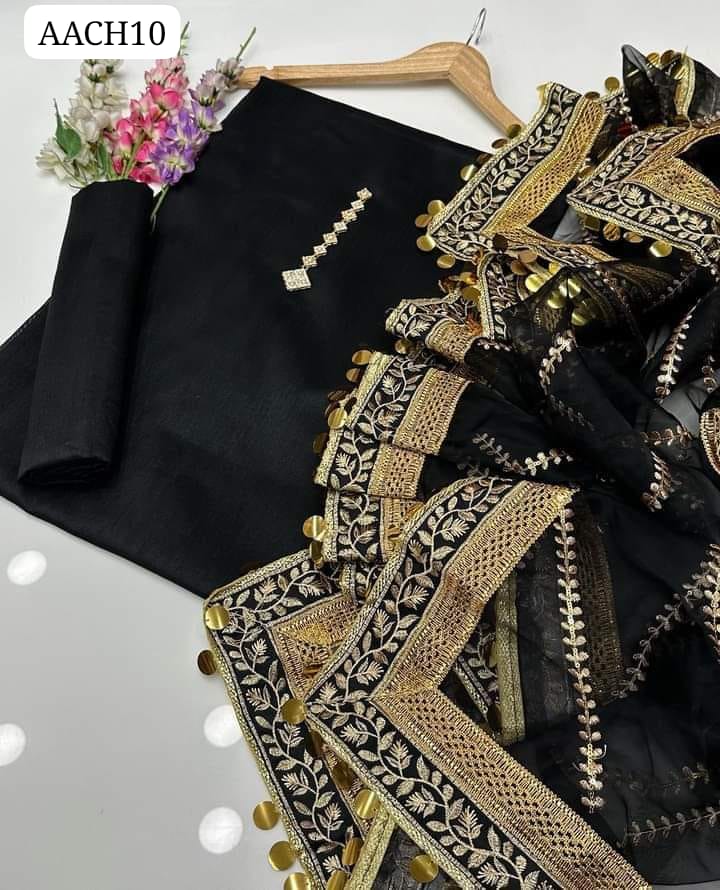 Kataan Silk Fabric Plain Shirt With Organza Heavy Zaari Tilla 4 Side Embroidered Border Duppata Along And Kataan Silk Trouser 3 PC Dress