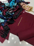Marina Wool Fabric Plain Shirt With Calligraphy Digital Print Wool Shawl Dupatta And Marina Wool Plain Trouser 3Pc Dress With Neckline