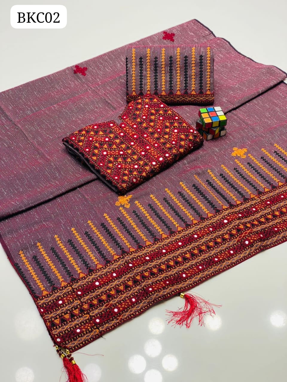 SOFT Karandi Fabric Gala Heavy Embroidery Shirt With 2 Border Pallu Heavy Embroidery Shawl And Heavy Embroidery Trouser 3Pc Dress