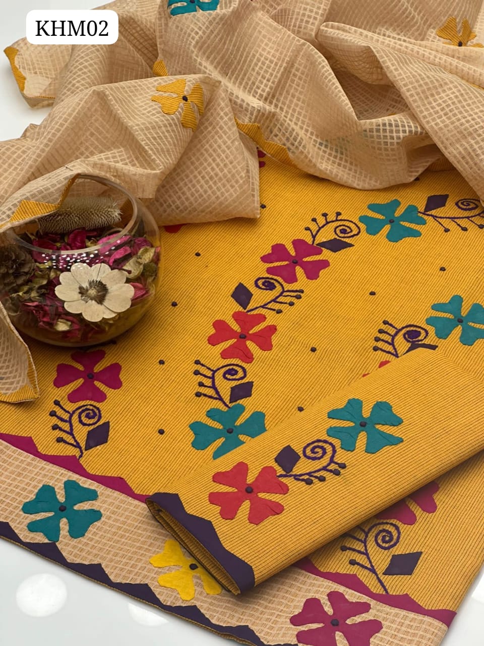 ﻿Khaadi Cotton Khaddar Handmade Applick Work Shirt And Trouser Along With Khaddi Net Applick Work Dupatta 3 Pcs Dress