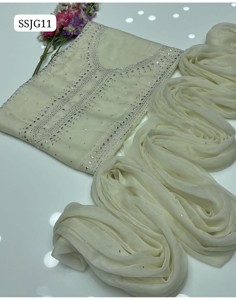 Soft Chiffon Fabric Handmade Mukesh Work Embroidered Shirt With Embroidered Dupatta 2pc Dress
