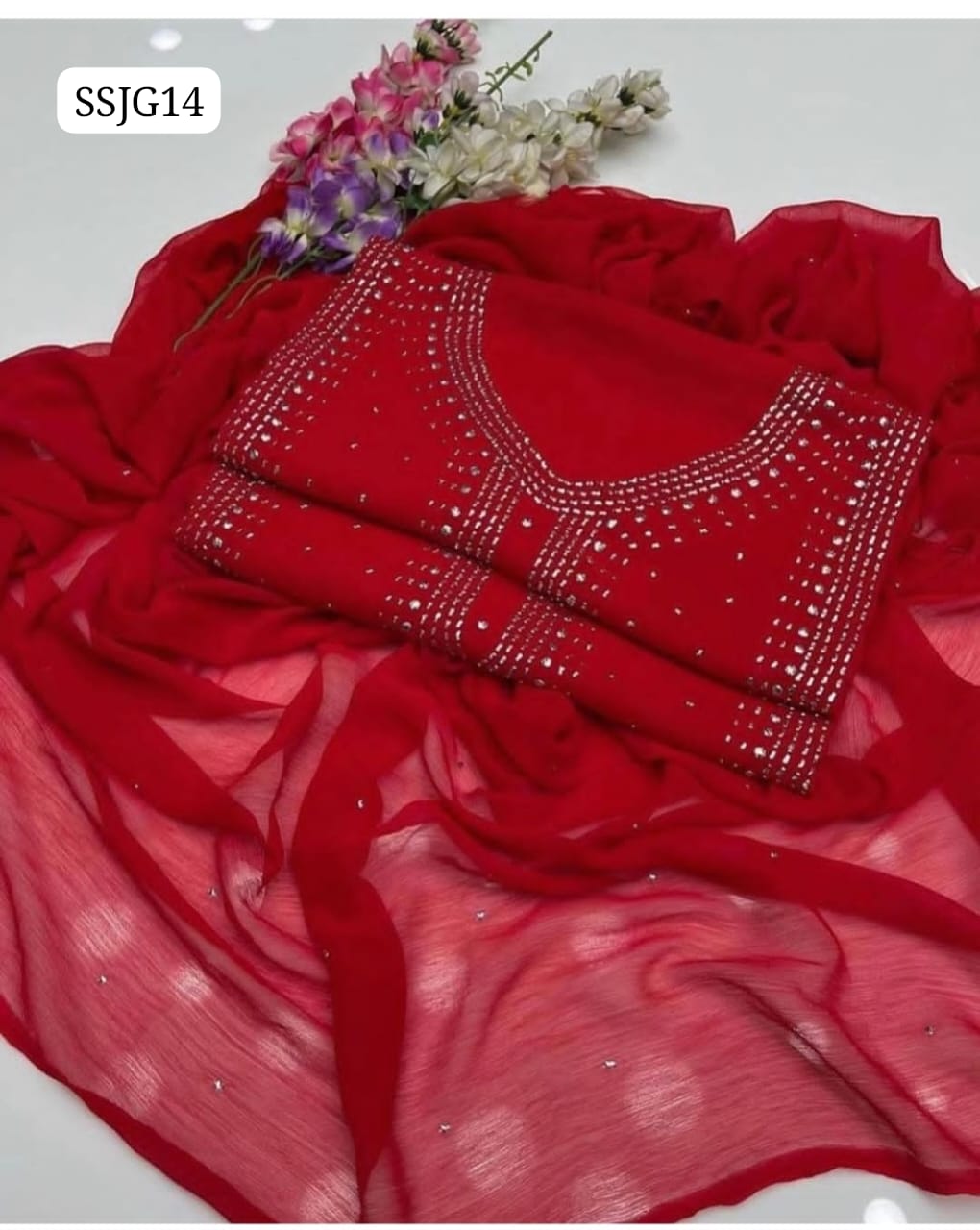 Soft Chiffon Fabric Handmade Mukesh Work Embroidered Shirt With Embroidered Dupatta 2pc Dress