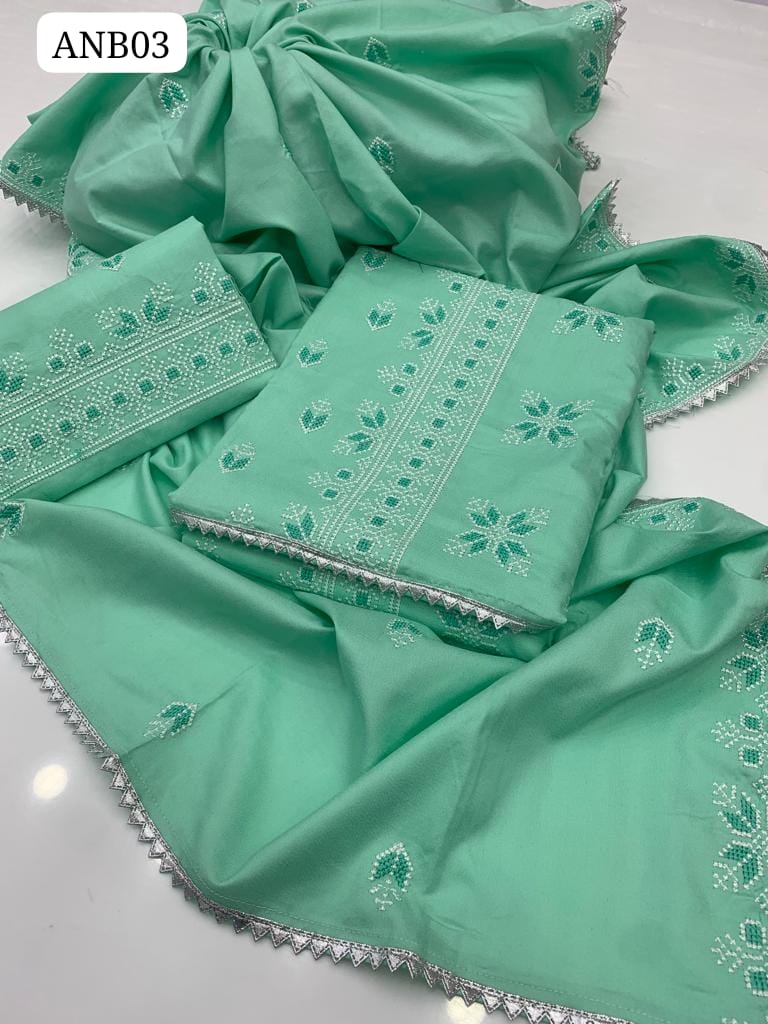 Soft Cotrai Dhanak Cross Stich Embroidery Shirt With Embroidered Dupatta And Embroidered Trouser 3Pc Dress