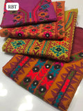 Linen Fabric Ari Sindhi Style Embroidery Shirt gala Daman, Dupatta Check Style And Along Simple Trouser 3Pc Dress