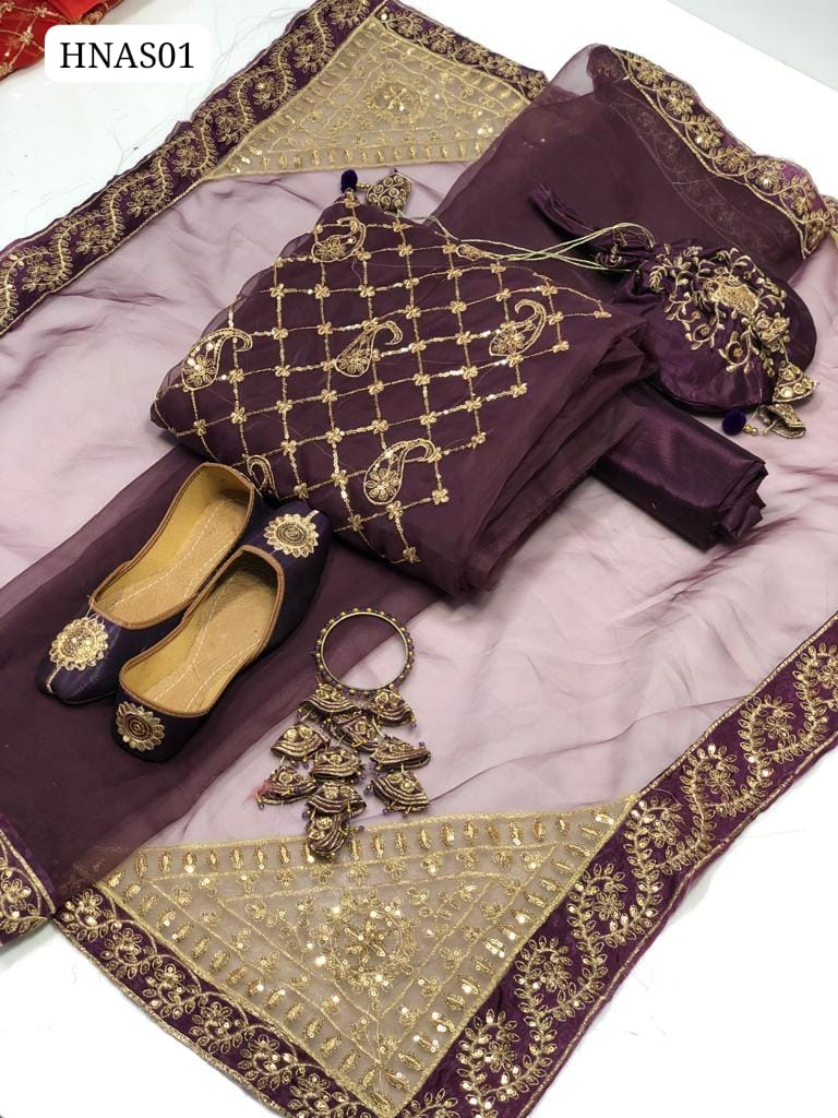 Indian Organza Fabric Beautiful Embroidery Shirt With Indian Organza 4 Sided Bordered With Beautiful Cornor Dupatta And Plain Kataan Silk Trouser With Same Matching Khussa & Embroidered Purse And Handmade Durable Bangles Included As A Gift