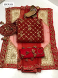 Indian Organza Fabric Beautiful Embroidery Shirt With Indian Organza 4 Sided Bordered With Beautiful Cornor Dupatta And Plain Kataan Silk Trouser With Same Matching Khussa & Embroidered Purse And Handmade Durable Bangles Included As A Gift