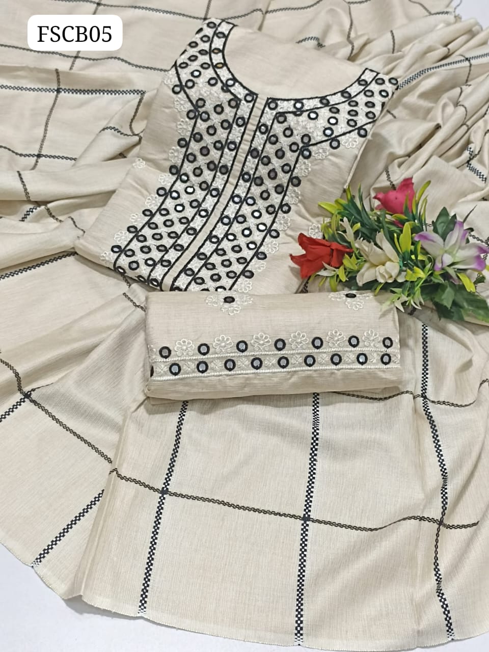 Stappal Labossi Fabric Embroided Computer 9mm Gala Daman Shirt With Same Colour Check Wool Shawl And Same Colour Embroided Trouser 3Pc Dress