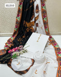 ﻿Calligraphy Digital Print Swiss Lawn Dupatta Along Wit Kattan Silk Shirt And Trouser 3PC Dress