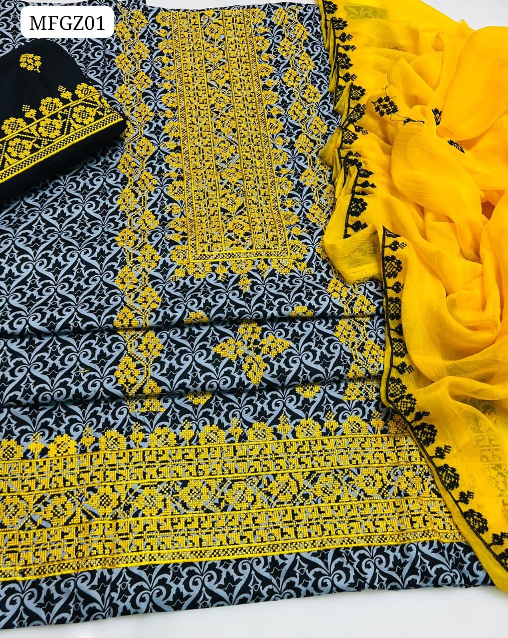 Cotton Fabric Chunri Print Work Shirt With Krincle Chiffon Karhai Cross Stitch Dupatta And Lawn Karhai Trouser 3Pc Dress