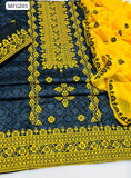 Cotton Fabric Chunri Print Work Shirt With Krincle Chiffon Karhai Cross Stitch Dupatta And Lawn Karhai Trouser 3Pc Dress
