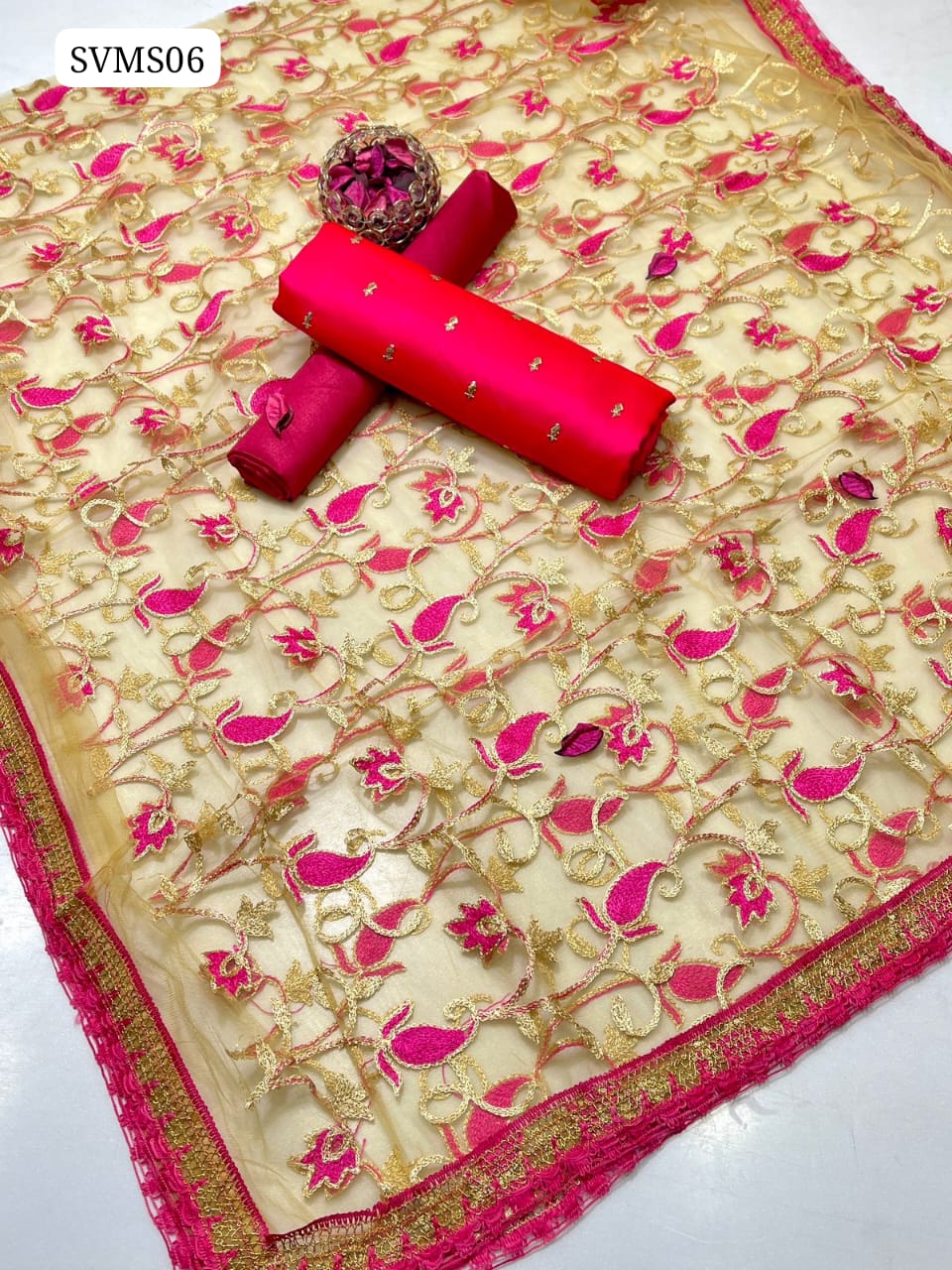 Premium Quality Shamoz Silk Fabric With Beautiful All Over Sequin Booti Embroidery Shirt With ⁠Indian Net Beautiful Aari Jaal Embroidery And 4 Side Heavy Border Lass Dupatta And Kataan Silk Plain Trouser 3Pc Dress -