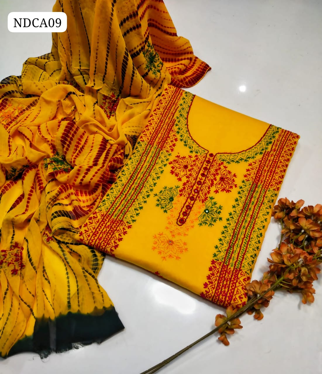 Pure Lawn Fabric Hande Made Afghani Gala Jall Neat Work Botiq Style Work Shirt With Embroidery Chiffon Crush Tei & Dei Dupatta And Plain Lawn Trouser 3Pc Dress