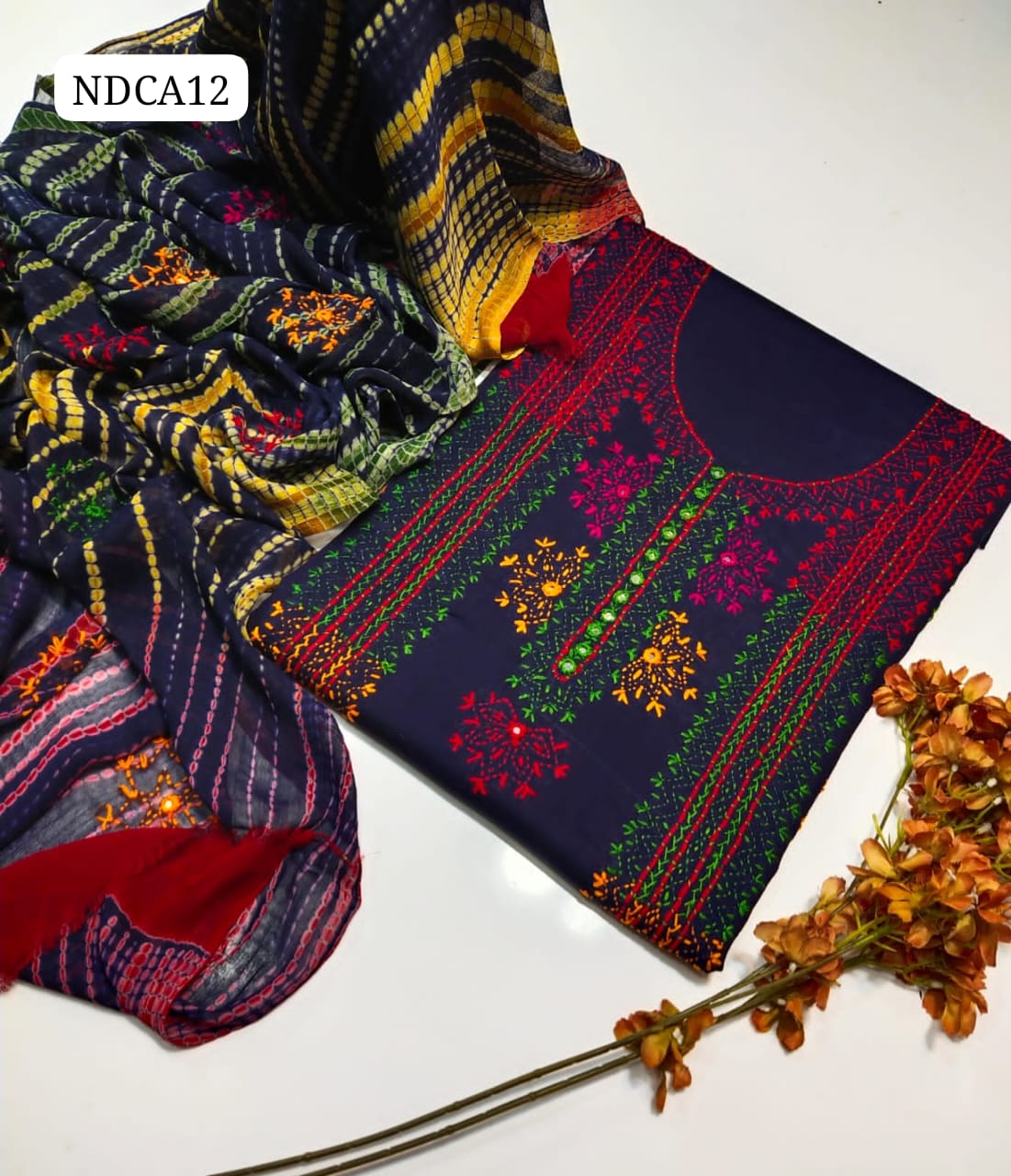 Pure Lawn Fabric Hande Made Afghani Gala Jall Neat Work Botiq Style Work Shirt With Embroidery Chiffon Crush Tei & Dei Dupatta And Plain Lawn Trouser 3Pc Dress