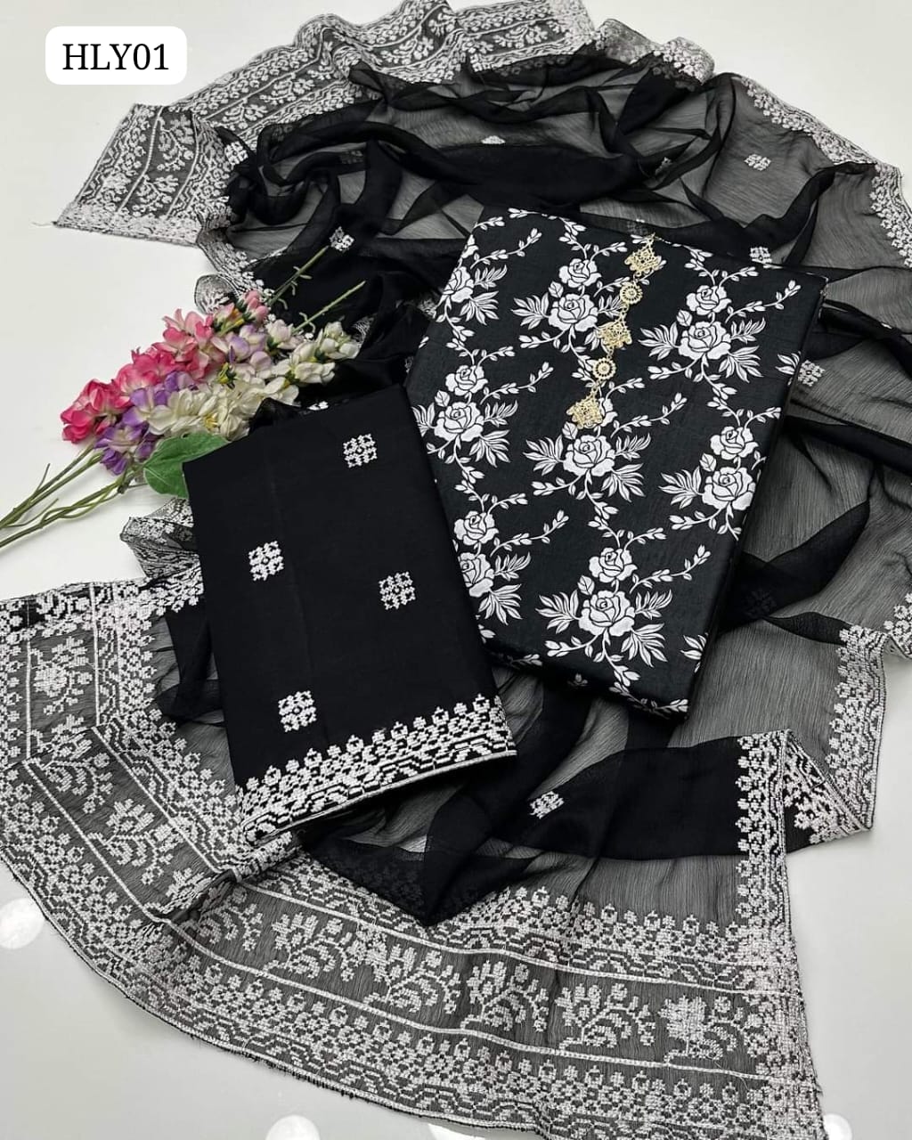 ﻿Lawn Fabric Floral Print Black And White Shirt And Cross Stitch Embroidery Lawn Trouser Along With Chiffon Cross Stitch Embroidery Duppata 3 Pc Dress