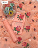 Stuff Lawn Cotton Cross Stitch Jaal Embroidery Work Shirt With Chiffon Embroidery Dupatta And Plain Trouser 3Pc Dress