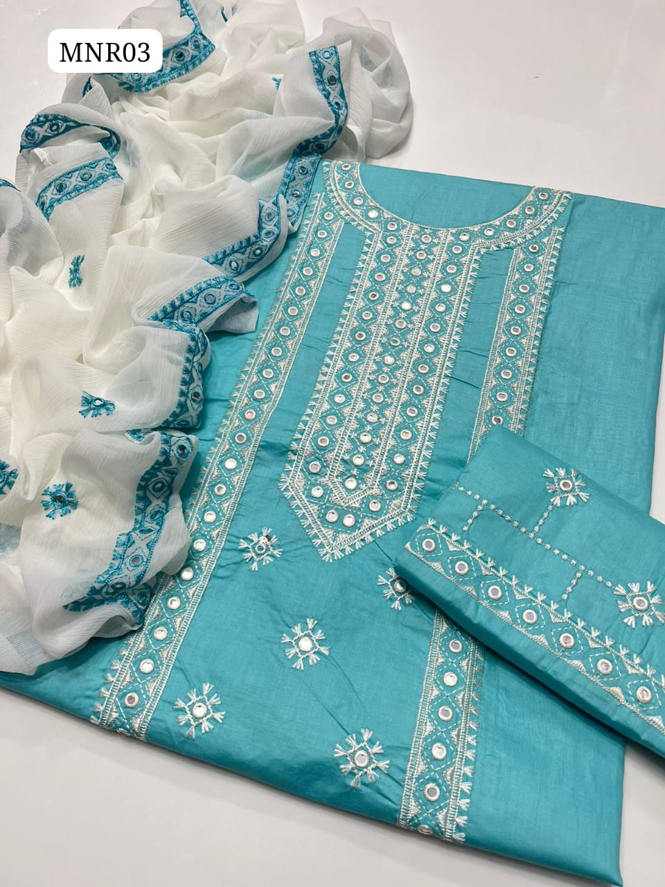 Stuff Cotton Lawn Computer Afghani & 9 Mm Work Shirt And Trouser Embroidered With Dupatta Chiffon Embroidered 3Pc Dress