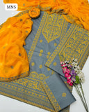 Stuff Lawn Cotton Computer Cross Stitch Work Shirt With Chiffon Embroidered Dupatta And Embroidered Trouser 3Pc Dress