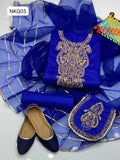 Kataan Fabric Embroidered Work Shirt And Kataan Plain Trouser With Organza 4 Side Lase Dupatta 3Pc Dress With Same Pouch &amp; Khussa<br data-mce-fragment="1">