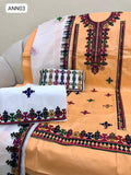 Stuff Soft Fine Lawn Computer Ari Balochi Gala Bel Boti Daman Work Shirt With Chiffon Embroidered + Embroidered Pars Dupatta And Embroidered Trouser 3Pc Dress