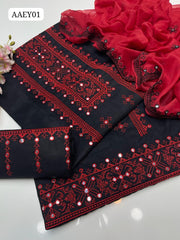 Soft Cotton Cross Stitch Embroidery 9 MM Mirror Work Shirt & Trouser Along With Chiffon Dupatta 3 Pcs Dress