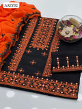 Soft Cotton Cross Stitch Embroidery 9 MM Mirror Work Shirt &amp; Trouser Along With Chiffon Dupatta 3 Pcs Dress