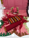 Stuff Cotton handmade Applic Work Embroidery WIth 4 Sided Applic Border Chiffon Dupatta And Cotton Trouser 3PC Dress