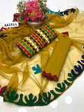 Stuff Cotton handmade Applic Work Embroidery WIth 4 Sided Applic Border Chiffon Dupatta And Cotton Trouser 3PC Dress