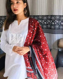 Stuff Cotton Chicken Kari Embroidery Shirt And Trouser With Traditiional Ajrak Chiffon Dupatta 3PC Dress