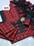 STuff Cotton Gala Daman Heavy Aari Baochi Embroidery Shirt And 4 SIded Border Embroidery Chiffon Dupatta WIth Embroidery Trouser 3PC Dress