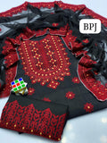 STuff Cotton Gala Daman Heavy Aari Baochi Embroidery Shirt And 4 SIded Border Embroidery Chiffon Dupatta WIth Embroidery Trouser 3PC Dress