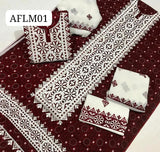 Stuff Lawn Cotton Ajrak Ari Applic Panal With Daman Work Shirt,Embroided Contrass Trouser Along With Chiffon Matha Patti &nbsp;Dupatta 3pcs Dress