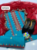 Stuff Lawn Cotton Cross Stich Front Full Gala Daman 9MM Plastic Mirror Embroidery Shirt And Chiffon Dupatta And Embroidery Trouser 3PC Dress