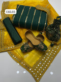 Stuff Soft Organza Embroidery SHirt And Tissue Panni Shesha Work Dupatta And Masoori Trouser 3PC Dress