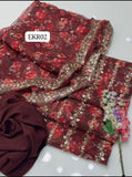 STuff Organza Digital Embroidery &amp; Pearls Front And Back Same Shirt And kattan SIlk Trouser With Organza Pearl Work Dupatta 3PC Dress