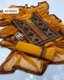 Stuff Soft Lawn balochi Gala Front Boti Shirt, Embroided Trouser Along With Chiffon. 4 Side Boder Dupatta 3pcs Dress