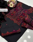 Stuff Soft Lawn balochi Gala Front Boti Shirt, Embroided Trouser Along With Chiffon. 4 Side Boder Dupatta 3pcs Dress