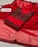 Stuff Soft Lawn balochi Gala Front Boti Shirt, Embroided Trouser Along With Chiffon. 4 Side Boder Dupatta 3pcs Dress