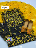Stuff Lawn Cotton Front Full Gala Daman Embroidery Shirt And Heavy embroidery Trouser With Chifon Embroidery Dupatta 3PC Dress