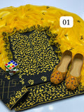 Stuff Lawn Cotton Front Full Gala Daman Embroidery Shirt And Heavy embroidery Trouser With Chifon Embroidery Dupatta 3PC Dress