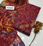 Stuff Pure lawn 100/100 Handmade kacha Indian jall Neat Work Shirt And Plain Trouser With Chiffon Tye And Dye Embroidery Dupatta 3PC Dress