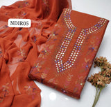 Stuff Pure Lawn 100/100 Kacha Indian Gala Style Neat Work Shirt And Plain Trouser WIth Chiffon Embroidery Dupatta 3PC Dress