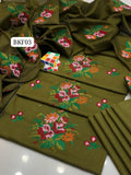 Stuff Lawn Cotton Heavy All Over Cross Stich Gulab Embroidery Shirt And Khaadi Net Embroidery Dupatta Ad Plain Trouser 3PC Dress
