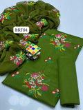 Stuff Lawn Cotton Heavy All Over Cross Stich Gulab Embroidery Shirt And Khaadi Net Embroidery Dupatta Ad Plain Trouser 3PC Dress